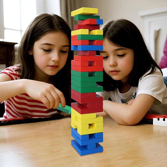 GOTHINK Tumble Tower Game for Kids and Adults, 60pcs Wooden Stacking Board Games Building Blocks for Kids and Family Games Night, Colorful Wood Balancing Blocks Game