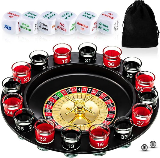 Hiboom Shot Glass Roulette Game and Drinking Dice Set - 16pcs Glasses and 2 Balls for Adults, Family Gathering, Bar, Party Supplies