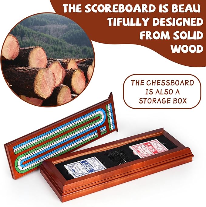 Wooden Cribbage Board Game Set with Large Storage Area, Solid Wood 3 Track Cribbage Board, 9 Metal Pegs, 2 Playing Cards and Instruction. Travel Family Game Night Travel Cribbage Sets for All Ages