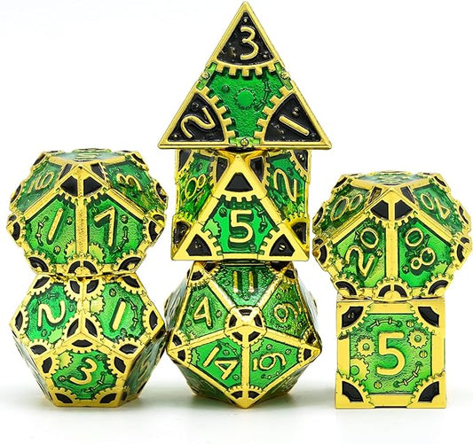 UDIXI Steampunk Metal Dice Set: 7 Die Polyhedral DND Dice Set D&D Dice for Dungeons and Dragons Role Playing Game (Gold-Green Black)
