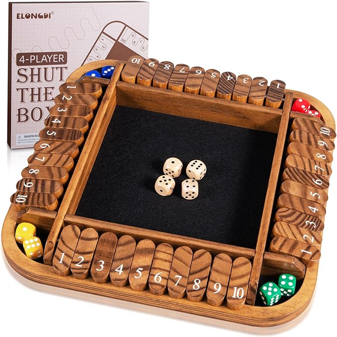 1-4 Players Shut The Box Dice Game,12" Wooden Board Table Math Games with 12 Dice and Storage Bag for Kids Adults Classic Tabletop Version for Classroom,Home,Party or Pub