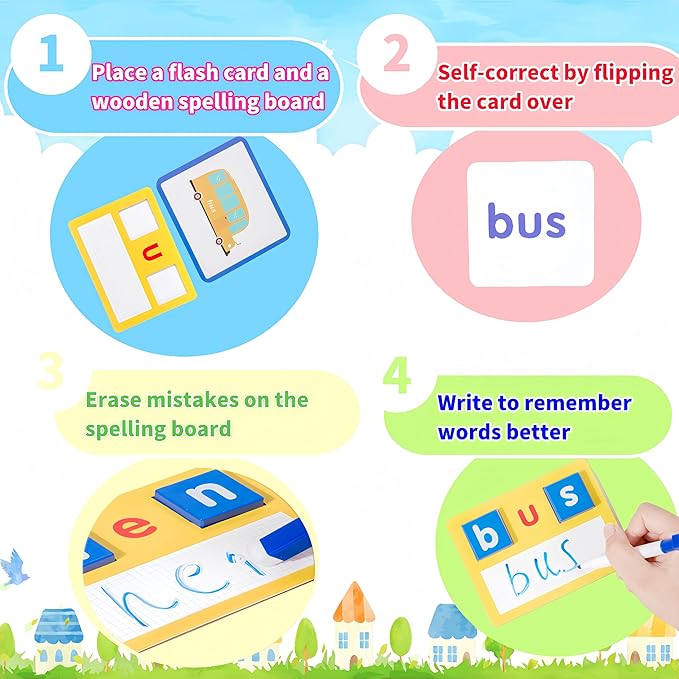 Wooden CVC Word Spelling Games, Preschool Kindergarten Learning Activities, Montessori Educational Toys for 3 4 5 6 Year Old Kids, Sight Words Flash Cards Writing Reading Letters Toy for Toddlers