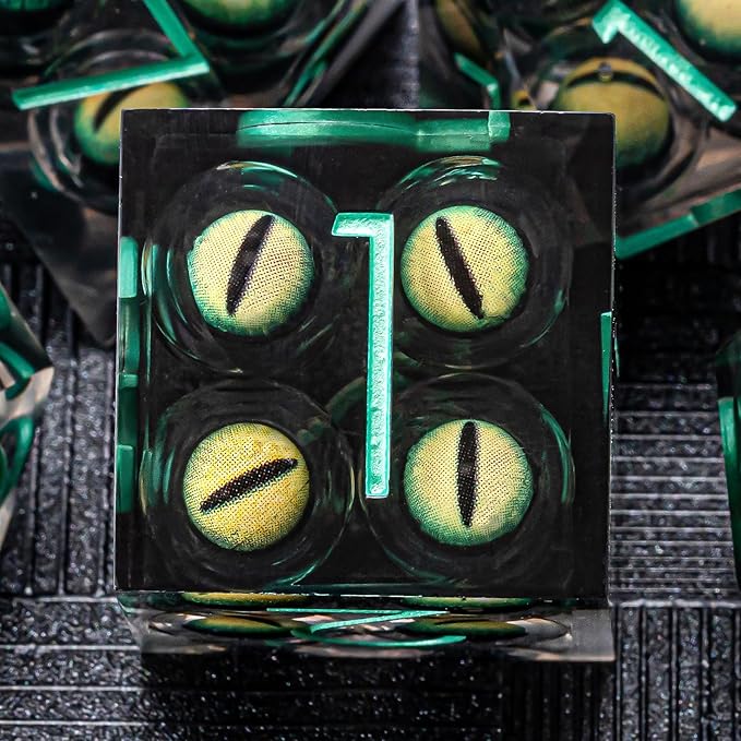 DND Resin Dice Mix Eyeball Dice Set 22-32mm Large Sharp Edged Dice Set with Box, Dungeons and Dragons Polyhedral D&D Role Playing Board Game D&D Dice Set D20 D12 D10 D8 D6 D4 (Green Eyes+Green Ink)