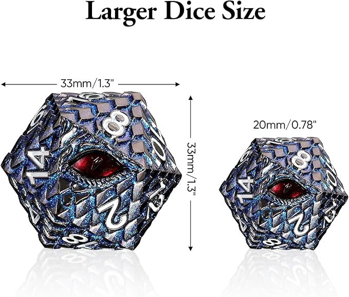 Dragon Eye Scale DND Metal Dice,33mm 20 Sided Giant D20, Large Polyhedral Dice, D&D Metal Dice Set for Dungeons and Dragons, RPG, MTG & Tabletop Games(Glitter Blue with Red Eye)
