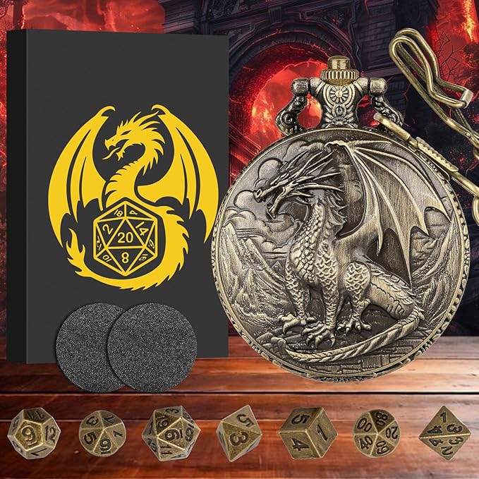 Mini DND Dice Set with Steampunk Dragon Pocket Watch Case, Tiny 7-Piece Polyhedral Metal D&D Dice, DND Gifts with Gift Box for DND Lovers, Role Playing Game Board Game Accessories Dice, Bronze