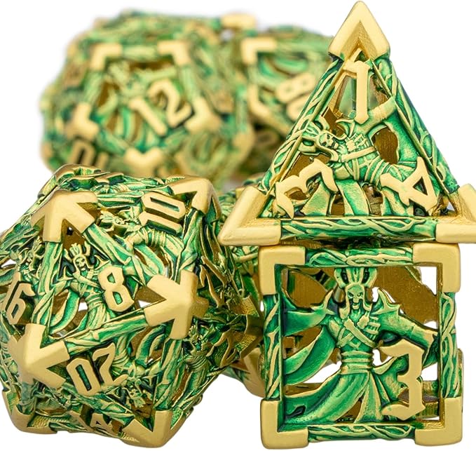 Hollow DND Dice Set Metal Wizard Dice with Box, 7pcs Green Polyhedral D and D Dice for use with D&D RPG Tabletop Games Role Playing Game