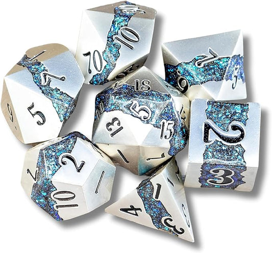 Sage's Portal Metal Riftstone DND Dice 7-PC Polyhedral Dice Set for DND TTRPG Dungeons and Dragons Pathfinder Oversized Designer Dice (Pearl Silver/Aquamarine)