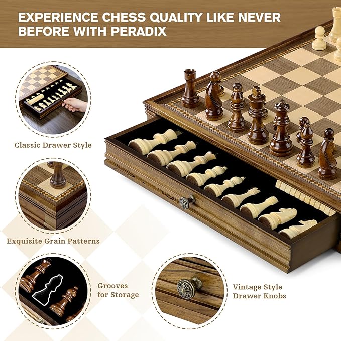 Peradix Magnetic Chess Checkers Board Sets with 2 Built-in Storage Drawers,15" Classic 2 in 1 Wooden Games with 2 Extra Queens for Kids and Adults,Travel Portable Chess Game Set