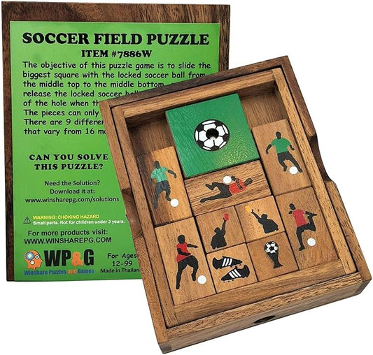 Soccer Field Sliding Block Klotski Brain Teaser Wooden Puzzle Gift Idea for Soccer Game Lovers - IQ Travel Play Game