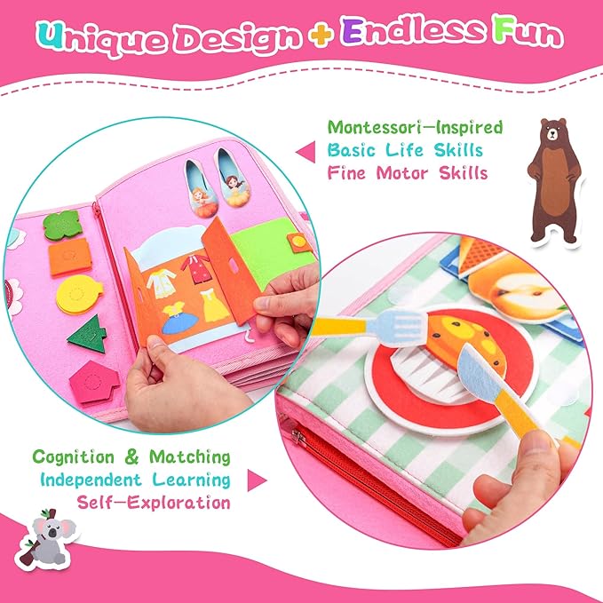 10 in 1 Busy Book, Oversize Montessori Toys for 1-3 Year Old, Busy Board for Girls Birthday, Sensory Toys for Kids with Autism, Mother Day from Toddler