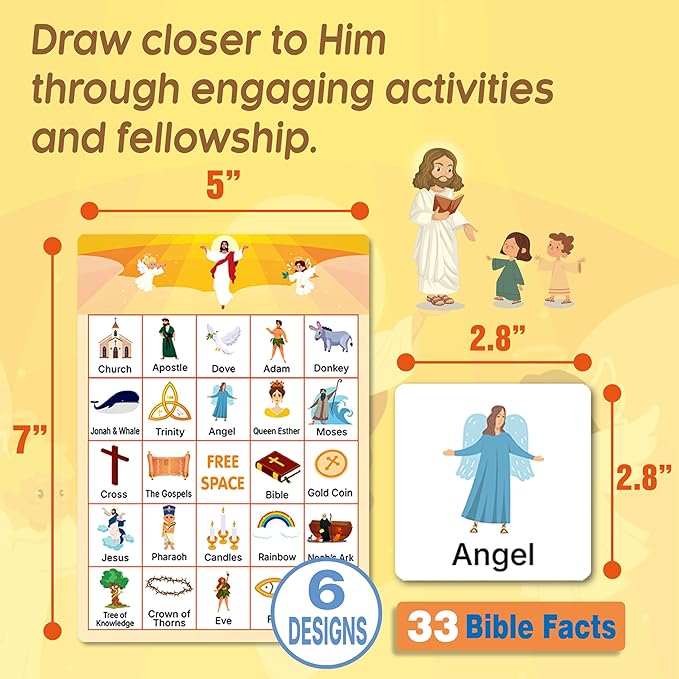 Bible Bingo Game for Kids Adults 24 Players 6 Designs Christian Bible Bingo Card Religious Game Activities for Vacation Bible School Christian Sunday Church Easter Gift Family Open Day Supplies Box
