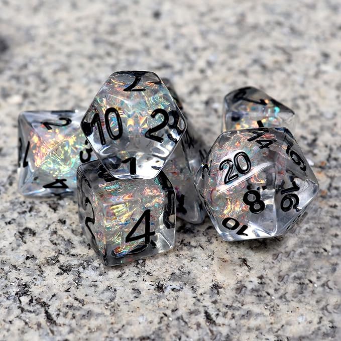 Haxtec Clear DND Dice Set 7PCS Filled Resin Polyhedral D&D Dice W/Iridescent Rainbow Mylar Inclusion for Roleplaying Games Dungeons and Dragons Gift