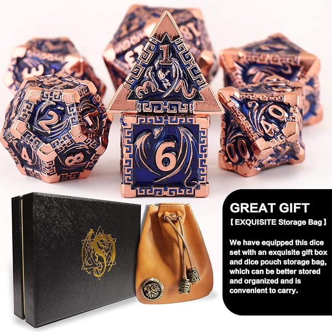 DND Dice Metal Dragon Set,Unique Dragon Design Dice with Gift Dice Bag for Dungeons & Dragon Games,Magic The Gathering,D and D D&D Dice Set (Copper Blue)