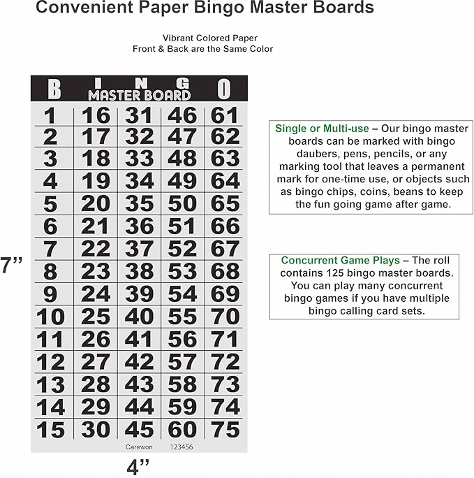 125 Bingo Master Boards, White (1 of 3 Colors), for Parties, Large Events Family Game Nights, Single or Multi Use for Daubers or Chips