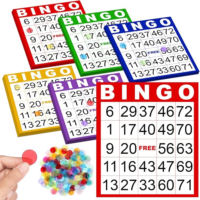 50 Sheets Double-Sided 8’’×9’’ Large Bingo Cards for Seniors Jumbo Bingo Cards and Chips Colorful Paper Sheets Deluxe Game Set with Colorful Transparent Chips Game Supplies for Adults Party Games
