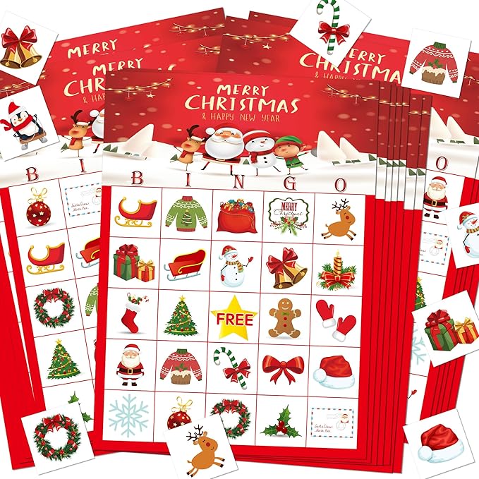 MISS FANTASY Christmas Bingo Game for Kids - 24 Players Bingo Cards Christmas Games Crafts Christmas Bingo Game for Large Group, Christmas Games for Family Classroom Activities Party Favors Supplies
