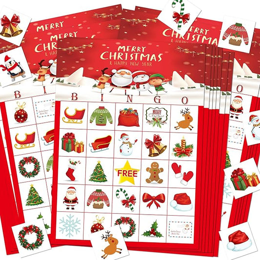 MISS FANTASY Christmas Bingo Game for Kids - 24 Players Bingo Cards Christmas Games Crafts Christmas Bingo Game for Large Group, Christmas Games for Family Classroom Activities Party Favors Supplies