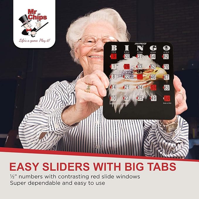 MR CHIPS Jam-Proof Bingo Cards with Sliding Windows, 25 Reusable Shutter Cards, 75 Calling Cards 1 Master Board in Star and Strips Style