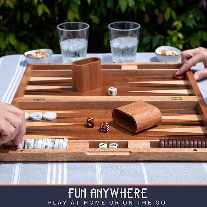 17 Inch Backgammon Sets for Adults. Beautiful Wood Inlaid Backgammon Board Game Set with Unique Checkers & Dice. Large Back Gammon Game Sets Travel Size for 2 Players Nardi or Tavla