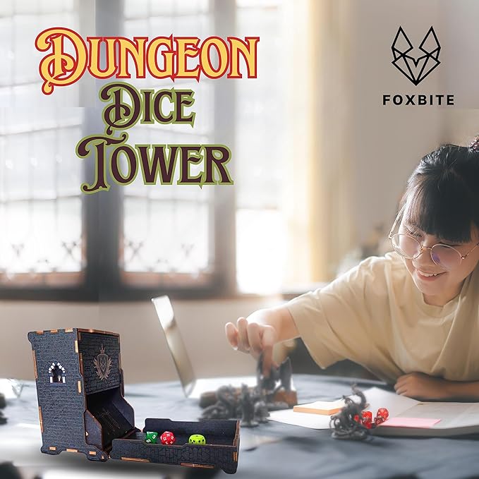 FOXBITE Dice Tower for Dungeons and Dragons Tower with Tray Wood Laser Etched DND Portable and Collapsible Dice Roller Perfect for Board Game and Tabletop RPG, Natural Wood Carved and Printed 5e