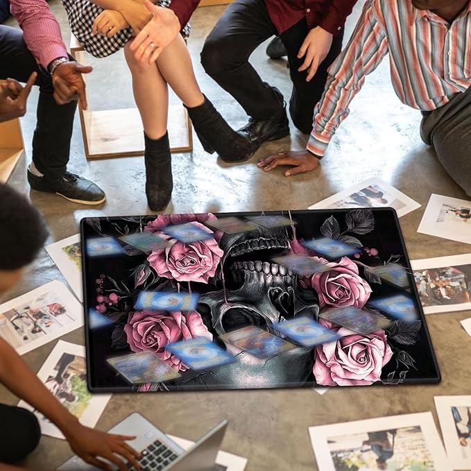 for MTG Playmat for Trading Card Games, Non-Slip Rubber Smooth Surface with Stitched Edges, Durable Desk Pad for Card Games, Custom Anime Playmat, Pink Rose Skull