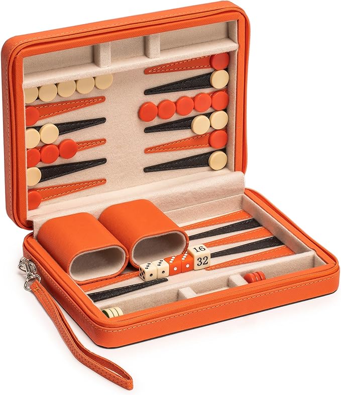 Yellow Mountain Imports Travel Size Backgammon Mini Game Set, Alanya - Magnetic Checkers and 9-inch Board in Sleek Leatherette Case - Classic Strategy Board Game