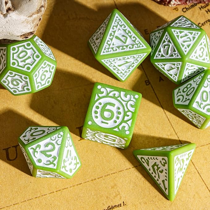 7-Die DND Dice Set New Pattern Polyhedral Dice Set with Leather Bag D&D Dice Set for Dungeons and Dragons RPG MTG Table Games(Green White)