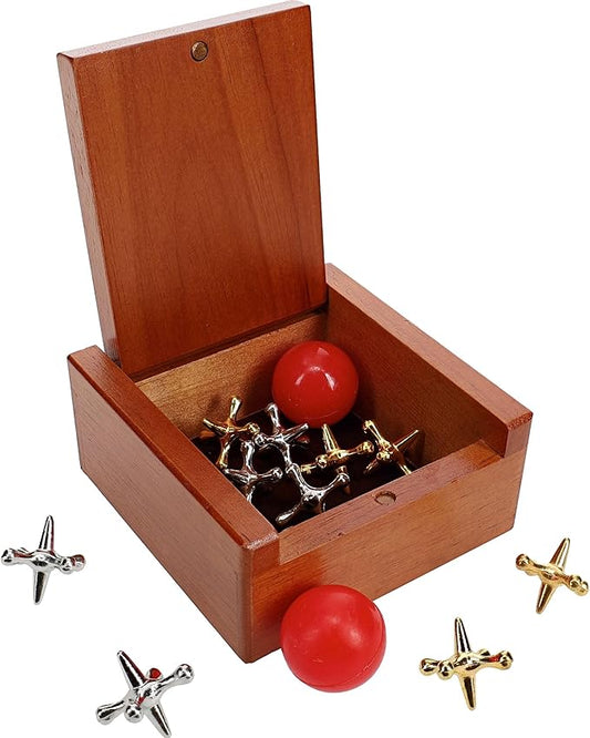 WE Games Metal Jacks Set – Classic Jacks Game with 2 Red Balls in Keepsake Wooden Box – Nostalgic Floor Game