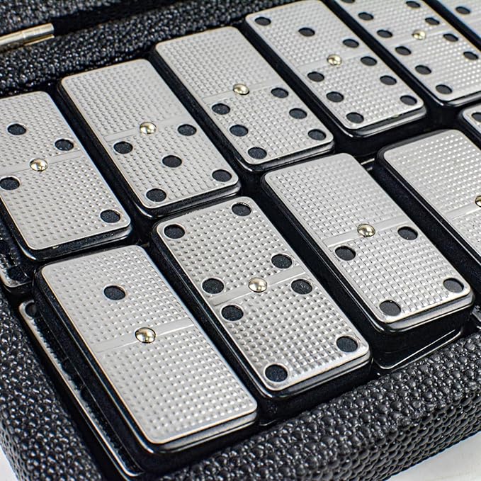 Bucher&Rossini Metal Surface Dominoes Set Double 6 - Claasic Black Domino's Game Set with Silver Metal Surface for Adults and Kids Ideal Gift for Domino Players or Family Game Night
