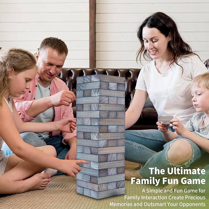 ApudArmis Giant Tumble Tower Stack to Over 5Ft, 56 PCS Pine Wooden Stacking Timber Game with 1 Dice Set - Classic Block Giant Outdoor Game (7.48 * 2.48 * 1.5 in Each Block, Gray)