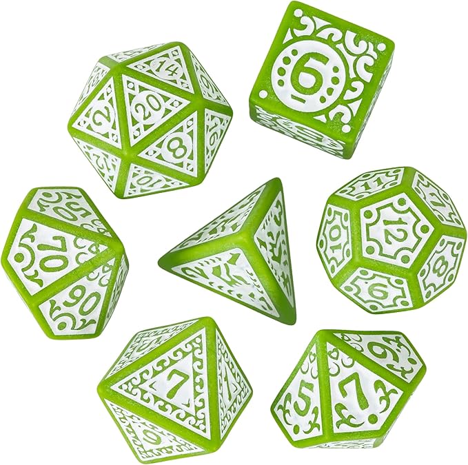 7-Die DND Dice Set New Pattern Polyhedral Dice Set with Leather Bag D&D Dice Set for Dungeons and Dragons RPG MTG Table Games(Green White)