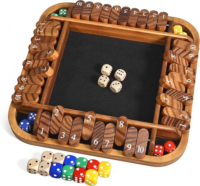 1-4 Players Shut The Box Dice Game,12" Wooden Board Table Math Games with 12 Dice and Storage Bag for Kids Adults Classic Tabletop Version for Classroom,Home,Party or Pub