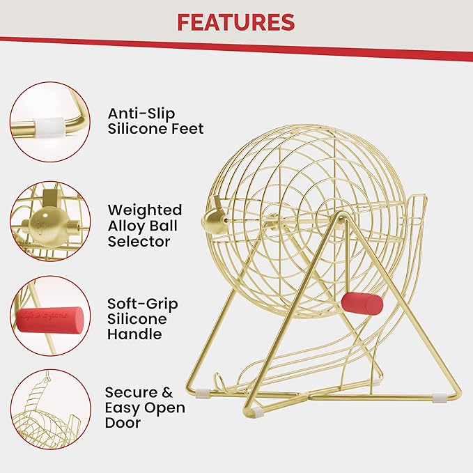 MR CHIPS 11" (Inch) Tall Professional Bingo Set with Steel Cage, Everlasting 7/8” Balls, Master Board for Balls - Luxury Gold Color