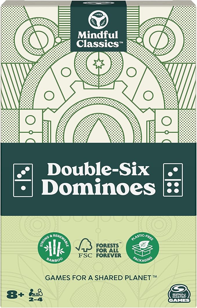 Mindful Classics, Double-Six Wood Dominoes Set Sustainable Classic Games with Wood Storage Case, for Adults and Kids Ages 8 and up