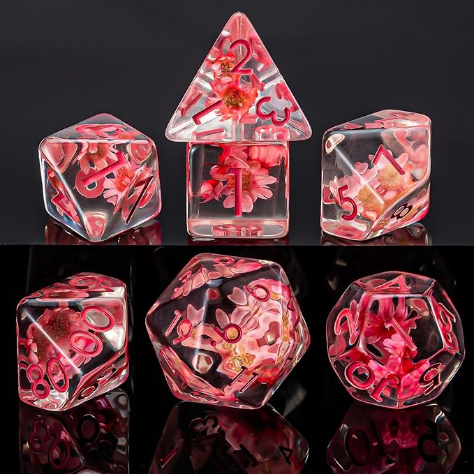 Flower Resin D&D Dice Set, 7pcs Polyhedral Dice for Dungeons and Dragons, RPG, MTG, Role Playing Games (D4, D6, D8, D10, D12, D20, D%)