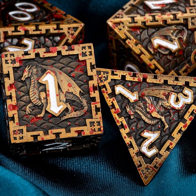 ARUOHHA 7PCS DND Metal Dice Set Antique Gold Blood Polyhedral Dice Set with Gift Box, RPG Role Playing Dice 6 Sided D and D Dice D20 D12 D10 D8 D6 D4
