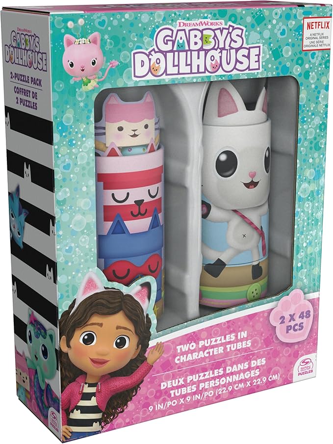 Spin Master Games Gabby’s Dollhouse, 2-Puzzle Pack 48-Piece Jigsaw Puzzles in Character Storage Tubes Gabby’s Dollhouse Toys Kids Puzzles, for Preschoolers Ages 4 and up