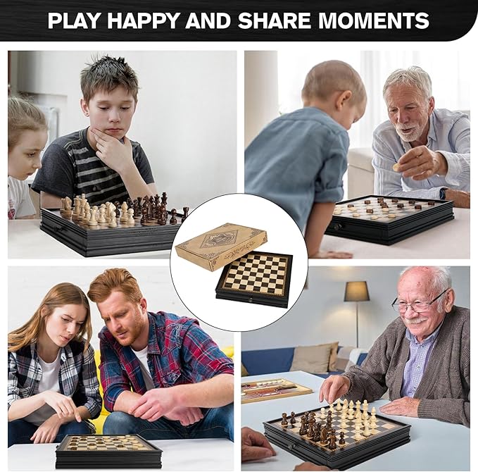 Peradix Magnetic Chess Checkers Board Sets with 2 Built-in Storage Drawers,12.8" Classic 2 in 1 Wooden Games with 2 Extra Queens for Kids and Adults,Travel Portable Chess Game Set