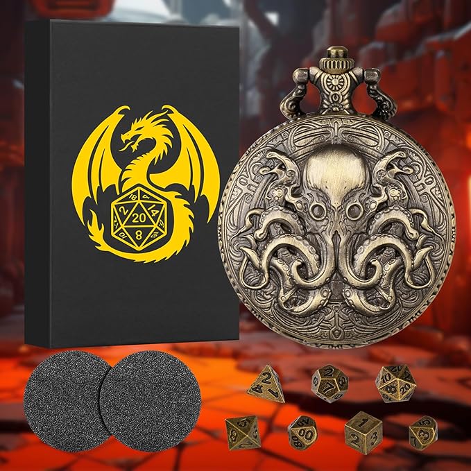 Mini DND Dice Set with Steampunk Double Eyed Octopus Pocket Watch Case, Tiny 7PCS Polyhedral Metal D&D Dice, DND Gifts with Gift Box, Role Playing Game Board Game Accessories Dice, Bronze