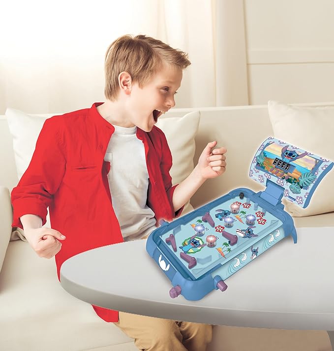 LEXIBOOK, Disney Stitch, Electronic Table Pinball, Action and Reflex Game for Children and Family, LCD Screen, Light and Sound Effects, Blue, JG610D