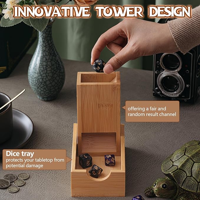 2 Pcs Dice Tower with 14 Polyhedral Dice Set Foldable Wooden Die Dice Roller Castle Collapsible Rolling Case for Tabletop Games, Board Games