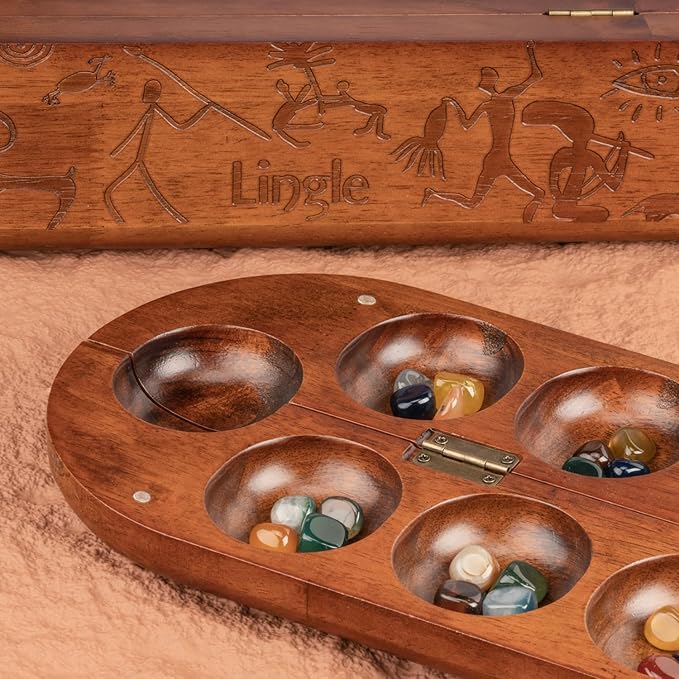 Deluxe Mancala Board Game Set - Real Wood Hinged Folding Board with 48 Mixed Natural Gemstones, Authentic African Petroglyphs, Foldable Design for 2-Player Strategy Game, Portable Game