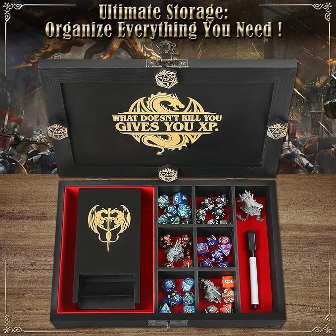 Portable Wooden Dice Tray & Tower with Magnetic Dashboard, Includes Reusable Sheet & Dry Erase Marker, Dice Holder & Box, RPG Storage - Perfect for Dungeons and Dragons, D&D, Board Games