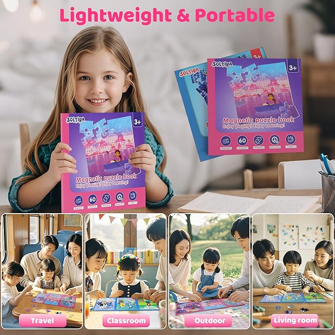 Magnetic Puzzles for Toddlers 3-5 Girls 120 Pieces Two-Book Travel Puzzles for Kids 4-6 Airplane Car Road Trip Activities Games Toys 3 4 5 6 7 8 Year Old Girls Gift