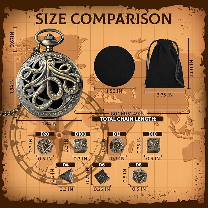 Mini DND Dice Set with Pocket Watch Shell, 7PCS Polyhedral Metal Dice Set Perfect for Dungeons and Dragons, MTG, Role Playing Board Games Accessory (ZY01-Bronze)