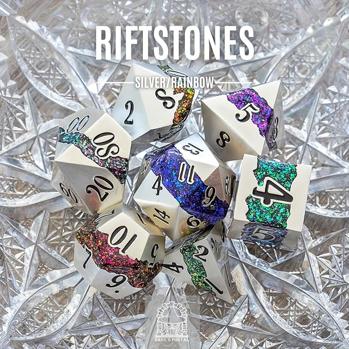 Sage's Portal Metal Riftstone DND Dice 7-PC Polyhedral Dice Set for DND TTRPG Dungeons and Dragons Pathfinder Oversized Designer Dice (Pearl Silver/Rainbow)