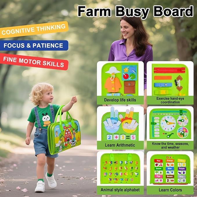 Busy Board Montessori Toy for Toddlers, Educational Activity Sensory Board Preschool Learning Fine Motor Skills Toys,Busy Book for Toddlers,Gift for Boys Girls,Travel Toys for Kids