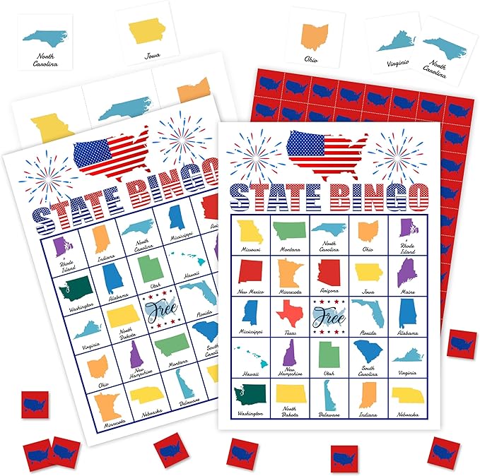 State Bingo Cards, 4th of July Party Theme Bingo Game, Patriotic Game for Family Friends Large Multiplayer Group Activities, Holiday State Party Birthday Independence Day Favors Gifts -12