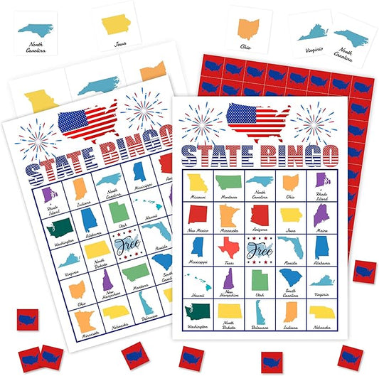 State Bingo Cards, 4th of July Party Theme Bingo Game, Patriotic Game for Family Friends Large Multiplayer Group Activities, Holiday State Party Birthday Independence Day Favors Gifts -12