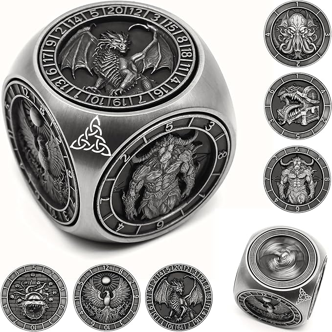 DND Spinner Dice, 7 in 1 Unique Metal Dice Set with 3D Relief for Dungeons and Dragons Gifts, Cool Polyhedral Role Playing Game Dice, Fantasy D&D Tabletop RPG Accessories for DM & Player (Silver)